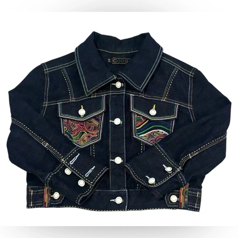 COOGI Cropped Jean Jacket with Multicolor Accents - Picture 4 of 7